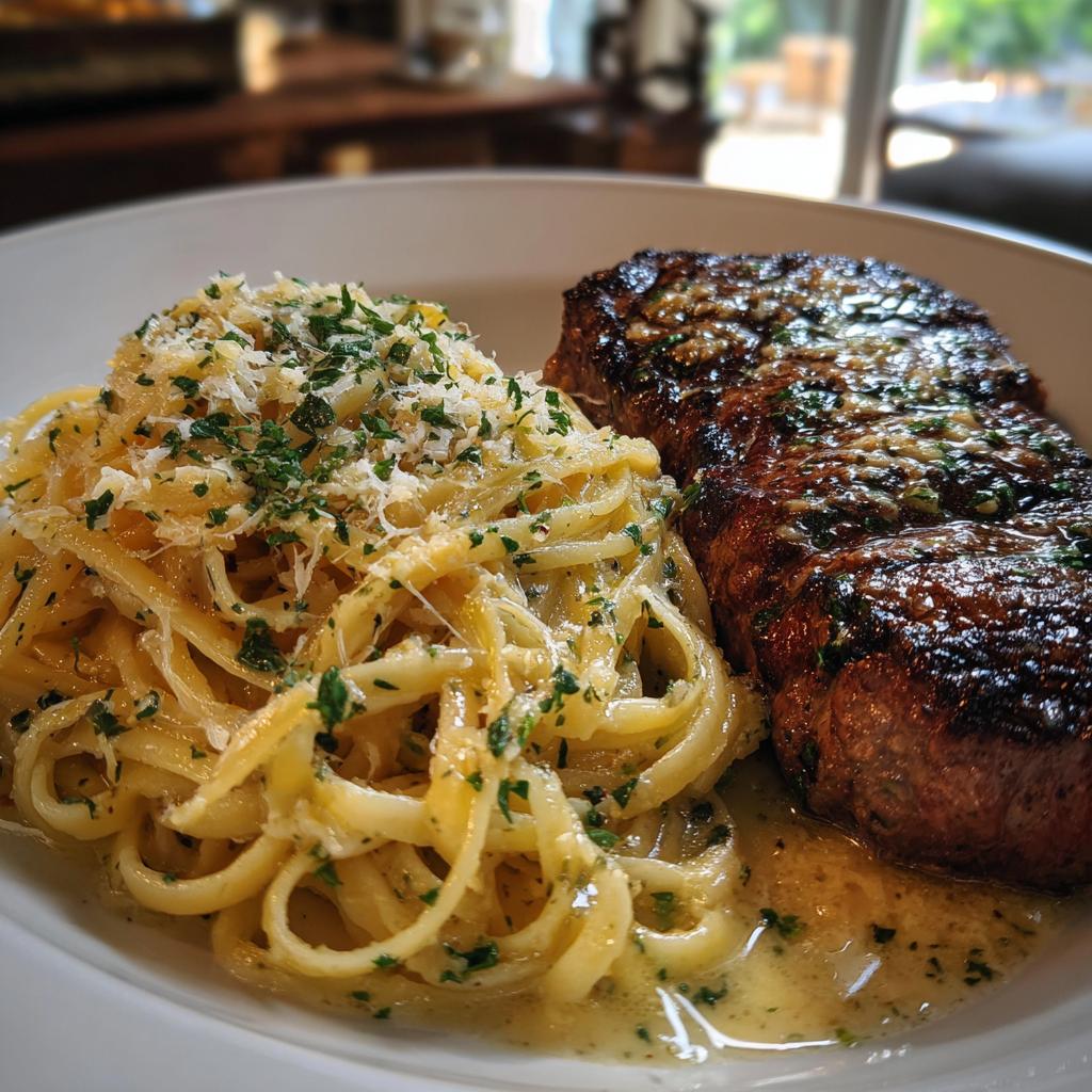 Knoblauchbutter Steak mit Käse-Linguine in Vier-Käse-Sauce