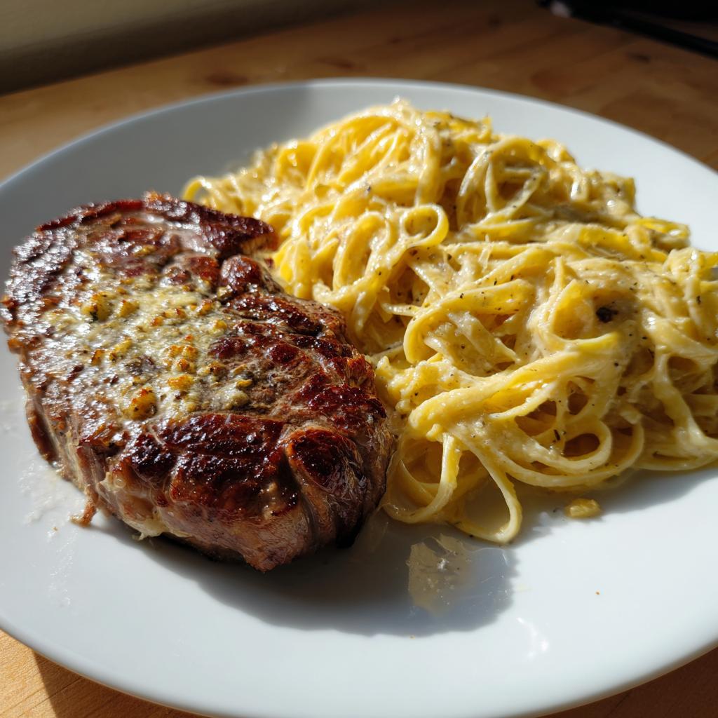 Knoblauchbuttersteak mit käsiger Linguine in einer Vier-Käse-Sauce